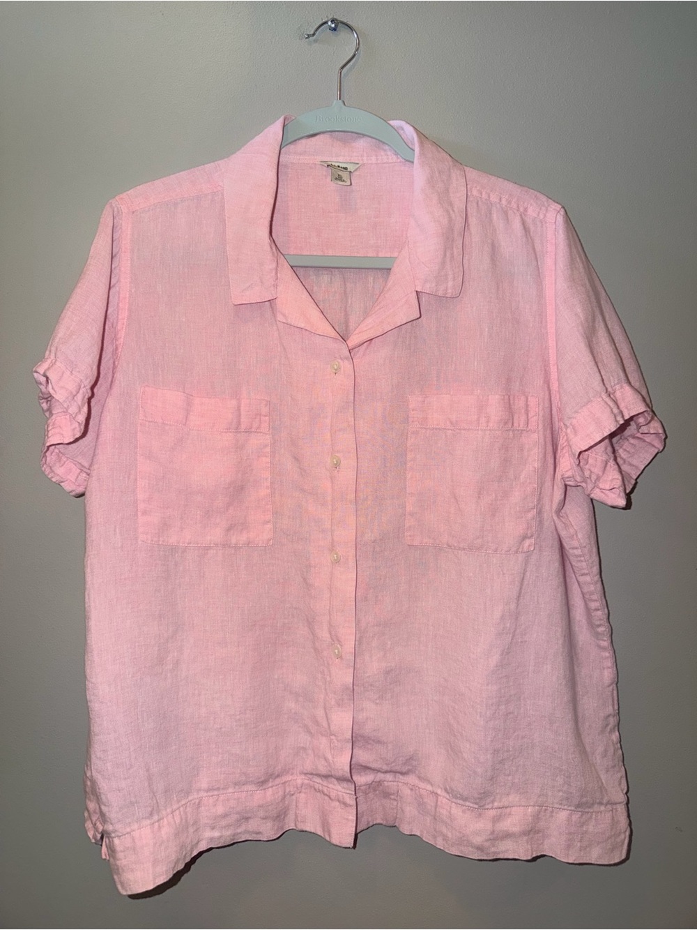 L.L. Bean Shell Pink 100% Linen Camp Shirt Short Sleeve Pockets